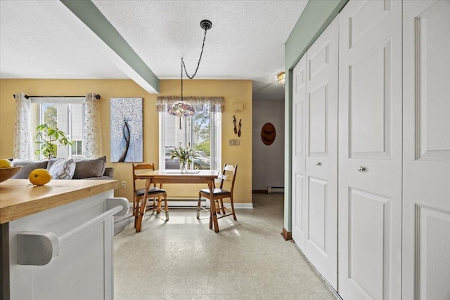 18 Ocean St Unit 72, South Portland, ME 04106 - dining space with baseboards, a textured ceiling, baseboard heating, and light flooring
