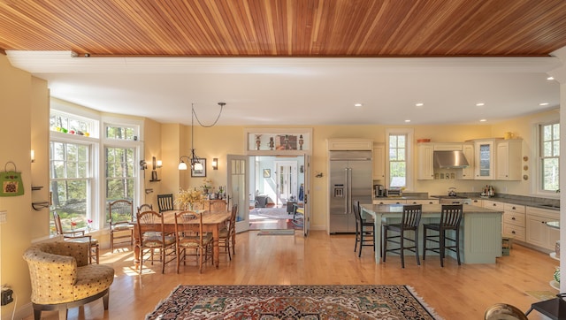 dining space featuring wooden ceiling, healthy amount of natural light, light wood finished floors, and recessed lighting