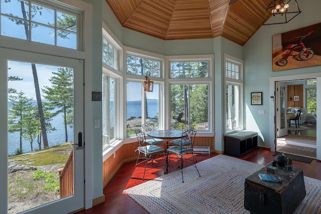 sunroom / solarium featuring a water view, healthy amount of natural light, high vaulted ceiling, wood-type flooring, and wood ceiling