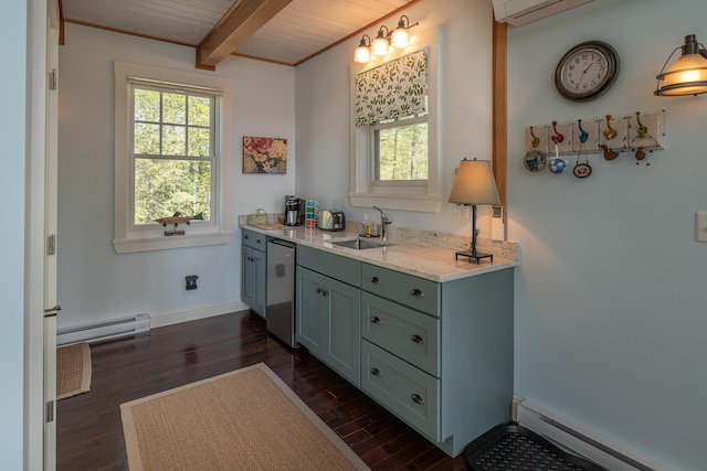 bathroom with a baseboard radiator, wood finished floors, wooden ceiling with exposed beams, and vanity