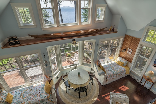 interior space featuring dark wood-style floors, a water view, lofted ceiling, and baseboard heating