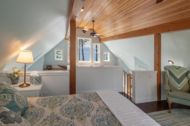 bedroom featuring vaulted ceiling, wood finished floors, and wooden ceiling