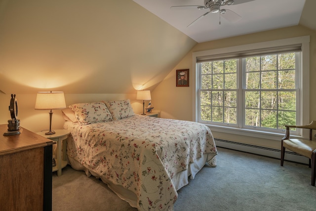 bedroom featuring lofted ceiling, carpet floors, a baseboard heating unit, and a ceiling fan