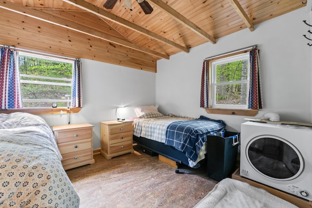 23 Woodland Rd, Winthrop, ME 04364 - bedroom with washer / dryer, wood ceiling, and multiple windows