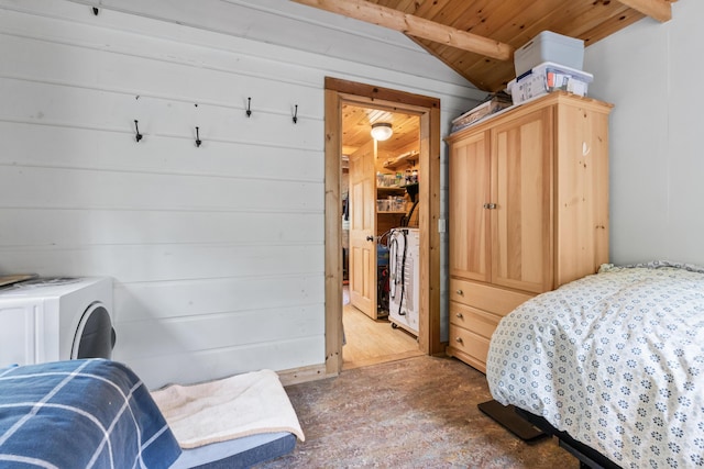 23 Woodland Rd, Winthrop, ME 04364 - bedroom featuring wood ceiling, concrete flooring, wooden walls, and lofted ceiling