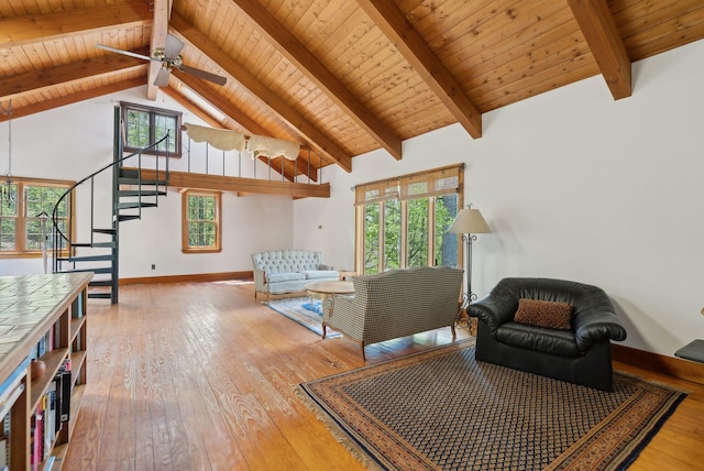 248 Morse Rd, Norway, ME 04268 - living room with hardwood / wood-style flooring, plenty of natural light, stairway, ceiling fan, and wooden ceiling