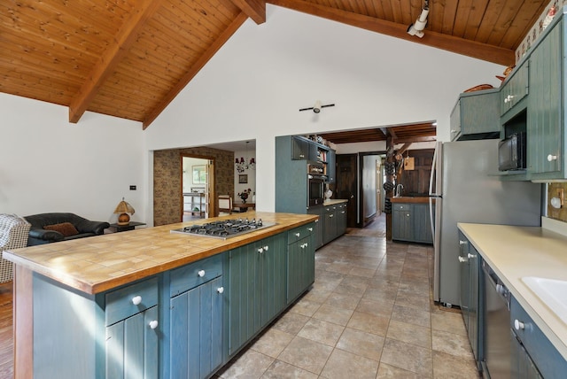 248 Morse Rd, Norway, ME 04268 - kitchen featuring appliances with stainless steel finishes, wooden counters, wooden ceiling, green cabinetry, and beamed ceiling