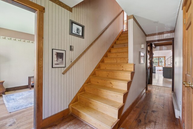 248 Morse Rd, Norway, ME 04268 - stairway featuring wood-type flooring, wallpapered walls, and baseboards