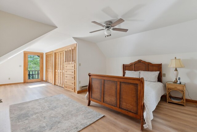 248 Morse Rd, Norway, ME 04268 - bedroom featuring a baseboard heating unit, light wood-type flooring, vaulted ceiling, access to outside, and ceiling fan