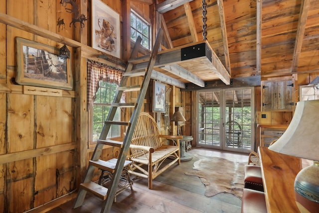 248 Morse Rd, Norway, ME 04268 - interior space featuring wooden walls, wood ceiling, access to outside, and hardwood / wood-style floors