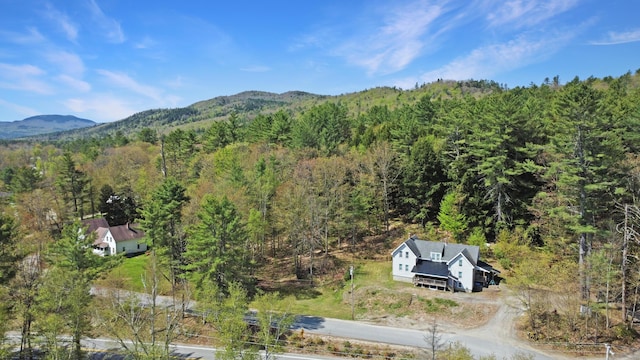 34 Veterans St, Peru, ME 04290 - aerial view of property and surrounding area featuring a heavily wooded area and a mountain backdrop