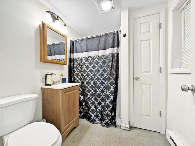 34 Veterans St, Peru, ME 04290 - bathroom with a baseboard radiator, toilet, vanity, and a shower with curtain