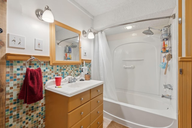 692 S St, Biddeford, ME 04005 - full bath with a textured ceiling, shower / bathtub combination with curtain, vanity, and decorative backsplash