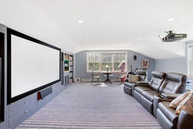 45AND57 Southgate Rd, Kennebunk, ME 04043 - home theater room featuring vaulted ceiling, carpet flooring, and recessed lighting