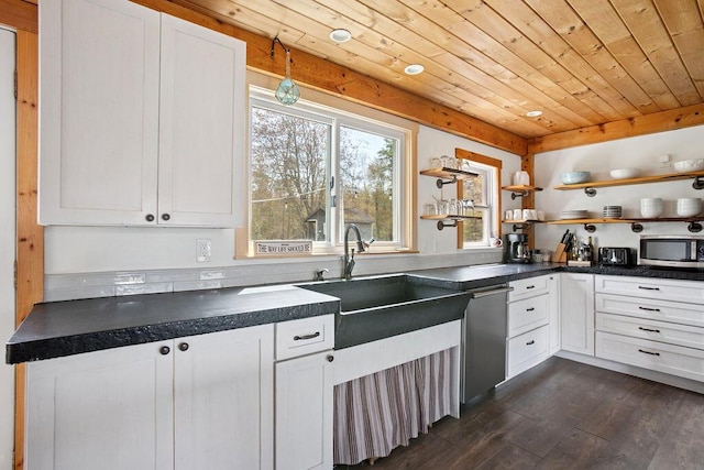 45AND57 Southgate Rd, Kennebunk, ME 04043 - kitchen with open shelves, dark countertops, dark wood-style floors, stainless steel appliances, and wooden ceiling