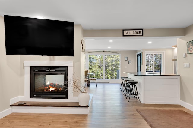 10 E Pinnacle Rd Unit 10, Bridgton, ME 04009 - living area with a multi sided fireplace, wood finished floors, baseboards, and recessed lighting