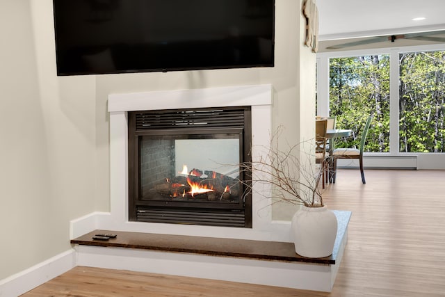 10 E Pinnacle Rd Unit 10, Bridgton, ME 04009 - detailed view of a multi sided fireplace, wood finished floors, a baseboard heating unit, and baseboards