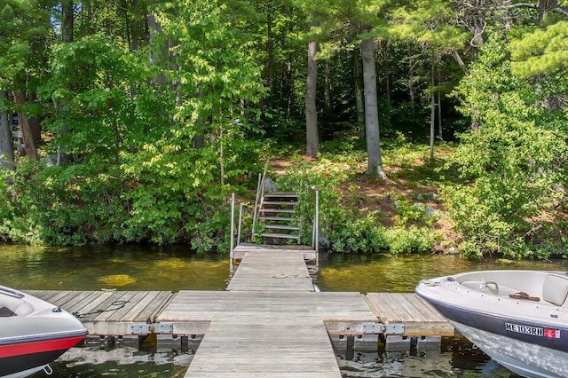 10 E Pinnacle Rd Unit 10, Bridgton, ME 04009 - dock area featuring stairs, a water view, and view of wooded area