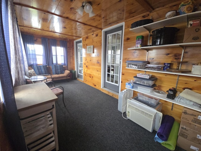 6 Linden St, Waterville, ME 04901 - living area featuring carpet, wood walls, and wood ceiling