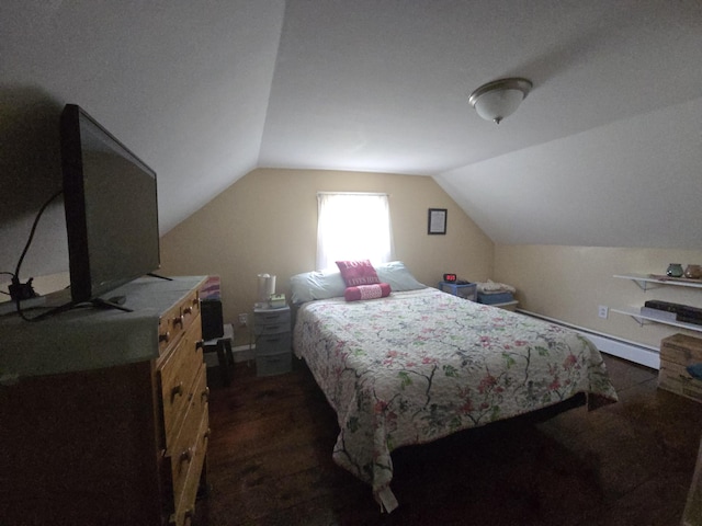 6 Linden St, Waterville, ME 04901 - bedroom featuring vaulted ceiling, baseboard heating, dark wood-style flooring, and baseboards