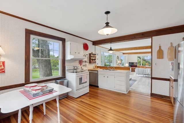 14 Oak St, Kennebunk, ME 04043 - kitchen featuring electric stove, dishwasher, wallpapered walls, a sink, and under cabinet range hood