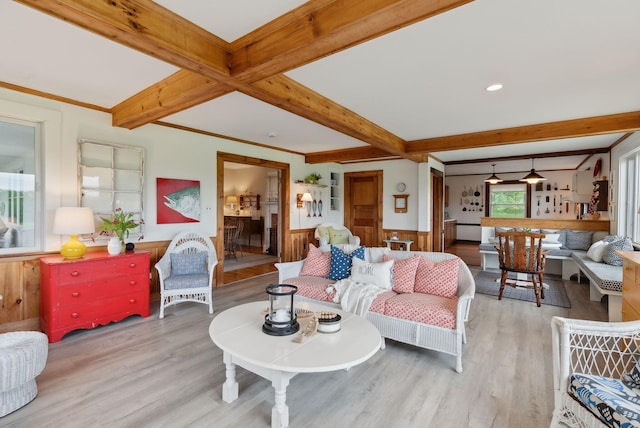14 Oak St, Kennebunk, ME 04043 - living room featuring wood finished floors, a wainscoted wall, and beamed ceiling