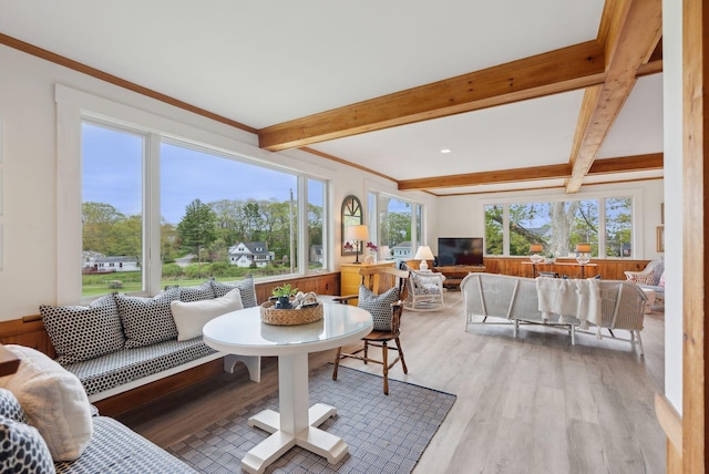 14 Oak St, Kennebunk, ME 04043 - living room featuring beamed ceiling and wood finished floors