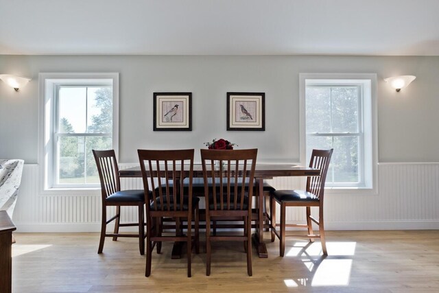 6 D St, Bridgton, ME 04009 - dining space with light wood-style floors, healthy amount of natural light, and a wainscoted wall