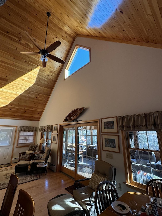 living room featuring high vaulted ceiling, wood ceiling, ceiling fan, wood finished floors, and healthy amount of natural light