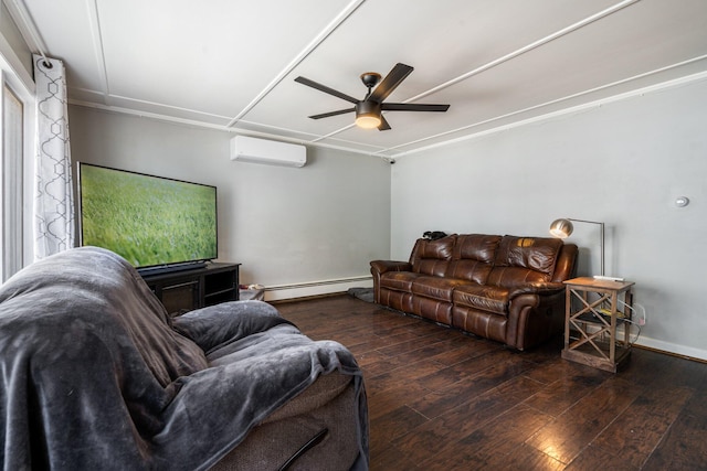 31 King St, Waterville, ME 04901 - living area featuring a wall mounted AC, baseboard heating, ceiling fan, wood-type flooring, and baseboards