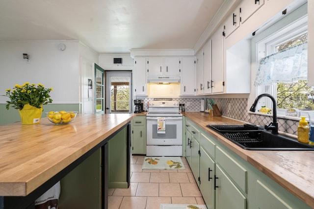 31 King St, Waterville, ME 04901 - kitchen with green cabinets, electric range, under cabinet range hood, a sink, and wooden counters