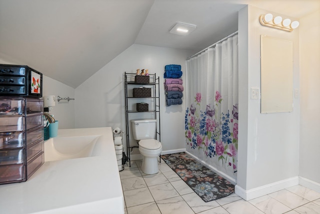 31 King St, Waterville, ME 04901 - full bathroom featuring vaulted ceiling, marble finish flooring, curtained shower, toilet, and vanity