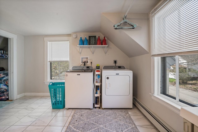 31 King St, Waterville, ME 04901 - washroom featuring washer and dryer, light marble finish floors, a baseboard heating unit, and baseboards