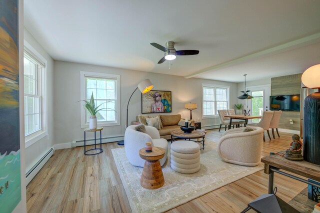 26 John Adams Ct, Naples, ME 04055 - living room featuring a baseboard heating unit, wood finished floors, and plenty of natural light