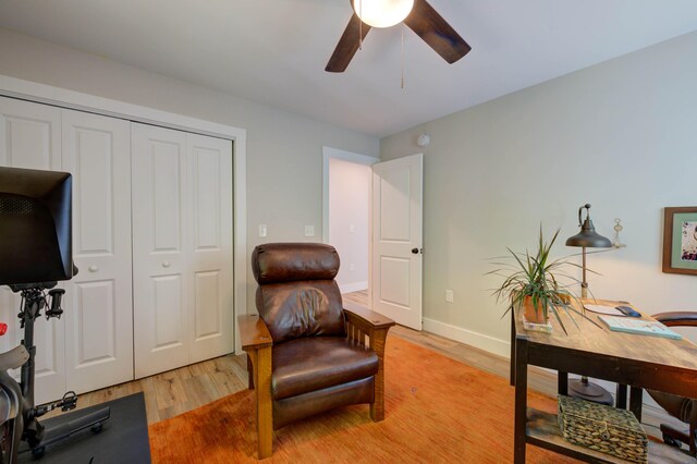 26 John Adams Ct, Naples, ME 04055 - office featuring a ceiling fan, light wood-style flooring, and baseboards