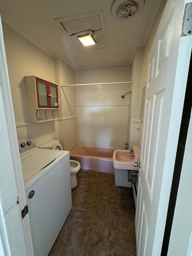 932 Lisbon St, Lewiston, ME 04240 - full bathroom with washer / dryer, toilet, shower / bath combination, and vanity