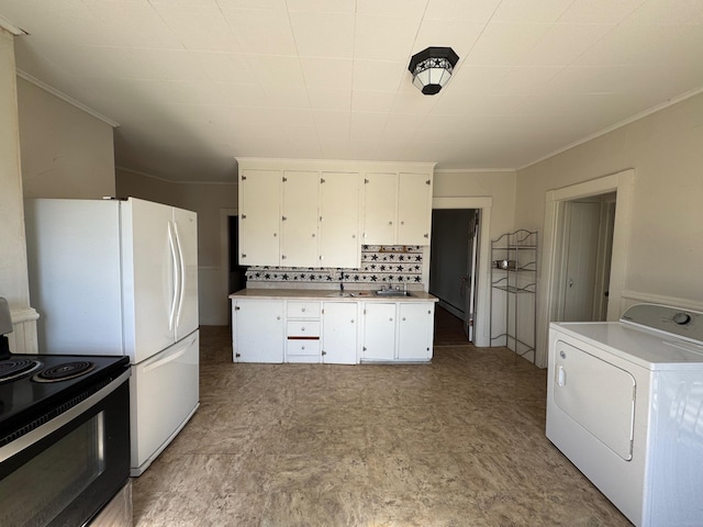 932 Lisbon St, Lewiston, ME 04240 - kitchen with washer / clothes dryer, stove, white cabinetry, light countertops, and ornamental molding