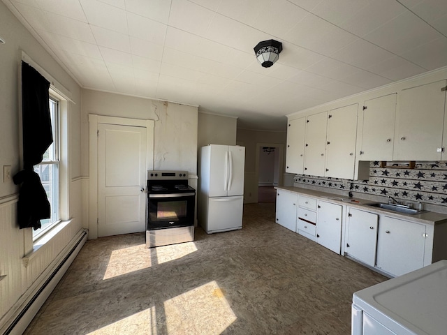 932 Lisbon St, Lewiston, ME 04240 - kitchen featuring freestanding refrigerator, stainless steel range with electric cooktop, baseboard heating, washer / clothes dryer, and a sink