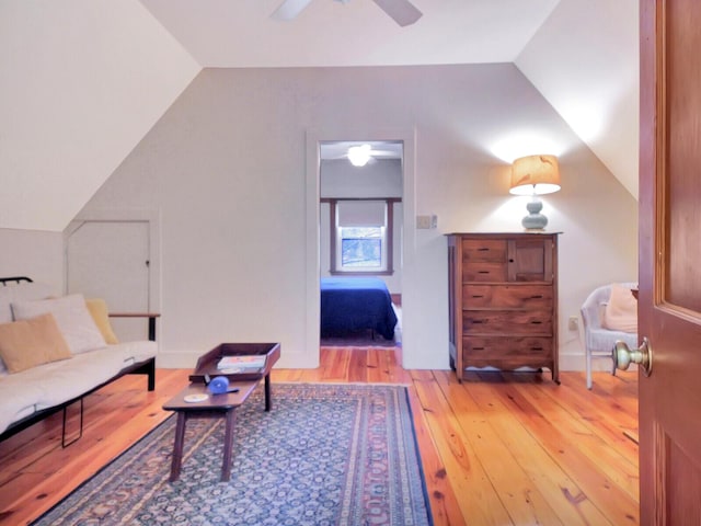 112 Buker Rd, Litchfield, ME 04350 - living area featuring lofted ceiling, ceiling fan, and hardwood / wood-style flooring