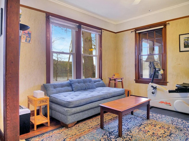 112 Buker Rd, Litchfield, ME 04350 - living room with crown molding and wood finished floors