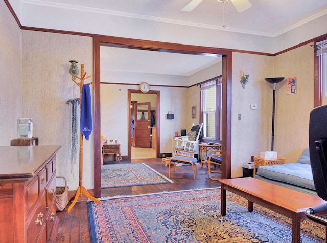 112 Buker Rd, Litchfield, ME 04350 - living room featuring wood-type flooring, a ceiling fan, ornamental molding, and baseboards