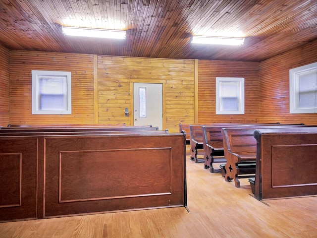 112 Buker Rd, Litchfield, ME 04350 - office area featuring wood ceiling, light wood-style flooring, and wood walls
