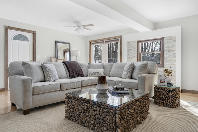 16 Gin Mill Ln, Windham, ME 04062 - living room with plenty of natural light, a ceiling fan, baseboards, and light wood-type flooring
