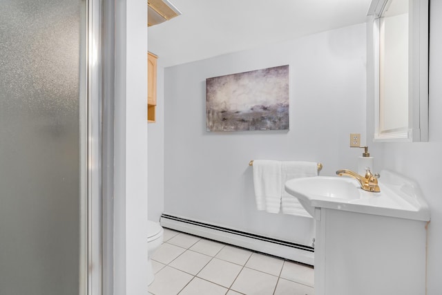 16 Gin Mill Ln, Windham, ME 04062 - bathroom featuring a baseboard radiator, tile patterned floors, toilet, and vanity
