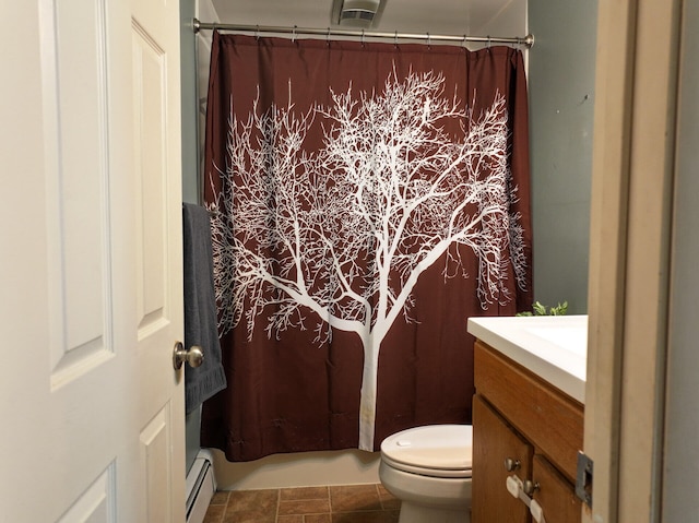 141 Cushman Rd, Winslow, ME 04901 - full bathroom featuring toilet, vanity, a baseboard radiator, and a shower with shower curtain