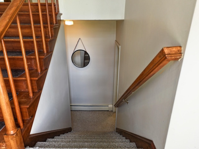 141 Cushman Rd, Winslow, ME 04901 - staircase with a baseboard heating unit and carpet flooring
