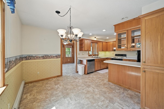 15 Northwood Ct, Wiscasset, ME 04578 - kitchen with electric stove, a sink, open shelves, dishwasher, and a chandelier