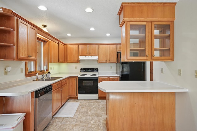 15 Northwood Ct, Wiscasset, ME 04578 - kitchen with electric range oven, stainless steel dishwasher, under cabinet range hood, a sink, and open shelves