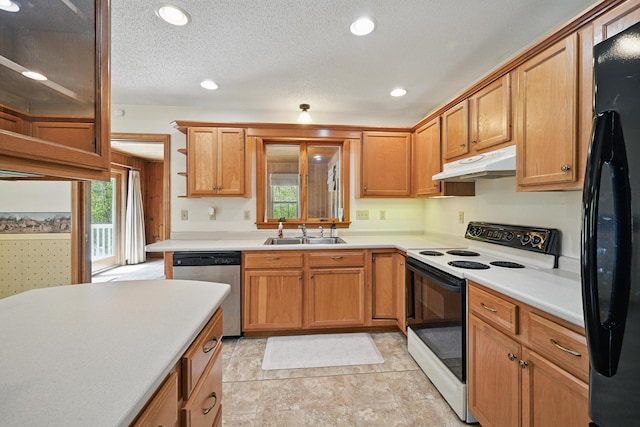 15 Northwood Ct, Wiscasset, ME 04578 - kitchen featuring electric range, under cabinet range hood, stainless steel dishwasher, a sink, and freestanding refrigerator