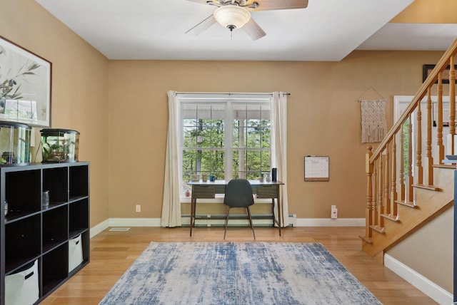 76 Asbury Ln, Acton, ME 04001 - office space featuring a baseboard radiator, ceiling fan, wood finished floors, and baseboards